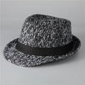 Klassischer Herren Fedora Hut aus Tweed in Schwarz-Weiß mit schwarzem Bandverzierung - M / Hellgrau