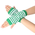Detail of green and white striped knit fingerless gloves with thumb hole design - One Size / Green and White Striped
