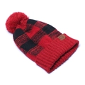 Red and black buffalo check knit beanie with faux fur pom and C.C brand leather patch - With Label (C.C) / Black Red