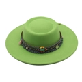Flat top bright green wool fedora hat with ethnic woven band and turquoise gemstone - Green