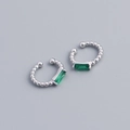 S925 silver ear cuff with emerald zircon rectangle stone and beaded metal band - 925 Silver / White Gold (Pair)
