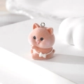 Pink orange flocked cat charm with white bow and metal ring for DIY jewelry making - Pink Orange Cat