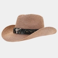 Detail of western straw hat featuring black leather band with silver bull head ornament - One Size / Pink