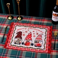Detail of Christmas table mat featuring Nordic gnomes and Merry Christmas script - Style C