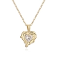 Gold heart pendant necklace with clear zircon and lava texture metal on white background - Gold