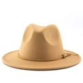 Close-up of khaki suede jazz hat with woven tassel band and wide brim detail - M (56-58cm) / Camel