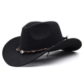 Classic black felt western cowboy hat with evil eye bead and brown braided band - M (56-58cm) Adjustable / Black