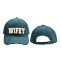 Front and back view of teal corduroy baseball cap with WIFEY sequin embroidery - Adjustable / Aqua Blue