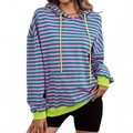 Sudadera de rayas rosa y verde azulado con cordones verde neón y puños acanalados - S / Colorblock a Rayas Rosas y Verdes