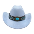 Light blue western cowboy hat with leather band and turquoise floral embroidery decoration - Light Blue (Floral Embroidery Band)
