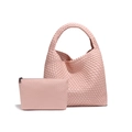 Pink hand-woven leather tote bag set with matching zippered clutch in hobo style - Light Pink