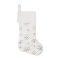 White plush Christmas stocking with silver snowflake embroidery and convenient hanging loop - Silver