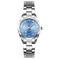 Women's quartz watch with silver metal band and blue dial featuring crystal accents - Blue