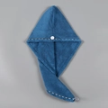 Dark blue microfiber hair drying towel cap with white button and elastic loop closure - Dark Green with Binding