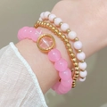 Detail of layered handmade beaded bracelets with pink quartz charm and gold beads - 09 Pink (3 Pcs) (5890)