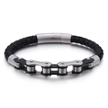 Street style braided black leather and silver metal chain bracelet with buckle - 21cm / Matte Black and Silver