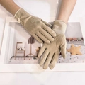 Women's warm khaki faux suede gloves featuring delicate side bows and touch screen design - Beige Embroidery