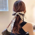 Floral print satin bow hair tie in beige and orange color for French retro ponytail style - Elegant Floral
