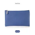 Small dark blue PU leather pouch with cross-grain texture and silver metal zipper - Small Dark Blue
