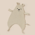 Detail showing embroidered bear head on soft beige muslin gauze baby comforter with snap tag - Khaki Embroidery