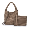 Ensemble de sac cabas et pochette tissé main taupe avec chaîne décorative - Khaki