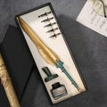 European vintage quill pen gift set with golden feather, nibs, and black ink bottle - Gold