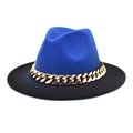 Two-tone wool fedora hat in royal blue and black with thick gold chain link decoration - M (56-58cm) / Royal Blue + Black