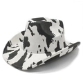Cappello da cowboy occidentale a tesa larga con stampa mucca bianca e nera in camoscio - M (56-58cm) / Stampa Mucca Nera