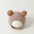 Winter baby plush earflap hat with bear ears in light coffee and dark brown - Plush Pom-pom Hat / Mocha