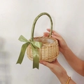 Handwoven natural willow flower basket with green silk ribbon handle and bow decoration - Green Ribbon Bow / Diameter 15cm