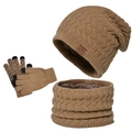 Winter-Strickset in Camel mit gefütterter Mütze, Schal und Touchscreen-Handschuhen für Herren - Khaki