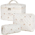 Three-piece quilted cotton floral makeup bag set in off-white with red flower pattern - Little Flower