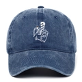 Vintage washed navy blue baseball cap with skull drinking coffee embroidery detail - Adjustable / Navy Blue