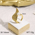 Golden openwork wing ring with 8mm white pearl and crystals on a luxury display - US 6 / Wing Pearl Style(KR31912-K)