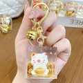 Fortune cat acrylic keychain with golden glitter and moving oil inside a transparent block - Lucky Cat Family - Ingot / Individual Packaging