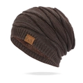Detail of dark brown knitted beanie with thick fleece lining and leather label - One Size / Coffee