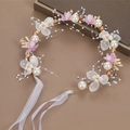 Floral princess tiara for girls with white pearls and adjustable pink ribbon tie - Purple Pearl Flower