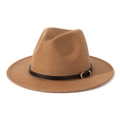 Detail of brown wool felt fedora with black leather band and golden metal buckle - M(56-58cm) / Brown + Black Belt