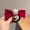 Molletta a fiocco in velluto rosso con grande perla bianca per acconciatura elegante - 438 Elastico per Capelli con Fiocco in Velluto e Perla [Rosso Vino]