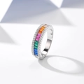 Eleganter S925 Silberring mit bunten Regenbogen-Edelsteinen im Carré-Schliff - US 6 / 0888 Baguette Regenbogen / Weißgold