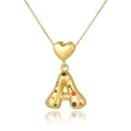 Detailed close-up of golden letter A pendant with colorful zircons and heart clasp - Letter A