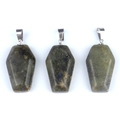 Three labradorite coffin pendants with blue flashes and silver loops on white background - Labradorite