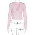 Detail of pink V-neck top showing delicate white lace trim and ribbed knit texture - S / Pink