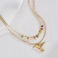 Collar de doble capa de acero inoxidable bañado en oro de 18K con colibrí y cuentas - Estilo Dorado (N2193-02)