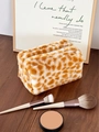 Plush giraffe print makeup bag in brown and white faux fur with zipper handle - Plush Giraffe Spot Print