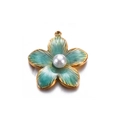 Golden flower pendant with green enamel petals and a pearl center for DIY jewelry - 6# Green with Pearl
