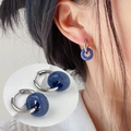 Minimalist silver hoop earrings with dark blue round stone bead in a modern variant - Silver-Klein Blue