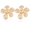 Vintage golden alloy flower earrings with textured petals and high-polished finish - Gold