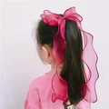 Deep pink organza bow hair clip with ribbons for girls shown on a ponytail back view - Burgundy