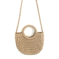 Detail of woven texture and circular handle on light brown paper straw bag - Integrated Strap Style / Small / Light Coffee